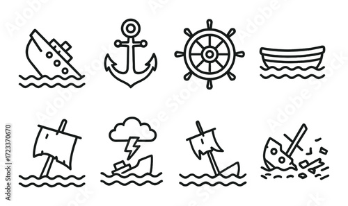 Nautical icons featuring shipwreck and sailing elements on brown background