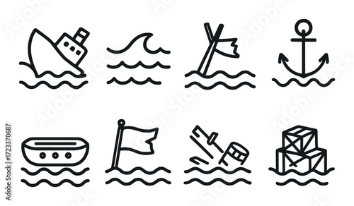 Nautical symbols collection: boat, anchor, waves, and flags on dark surface