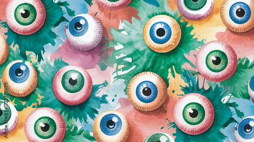 Watercolor Eyeball Pattern on Abstract Background with Green, Blue, and Red Splashes