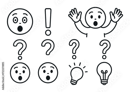 Expressive stick figures with surprised and questioning faces