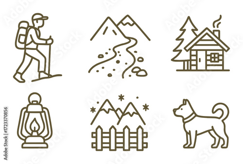 Adventure icons: hiking, mountain trail, cabin, lantern, dog, nature
