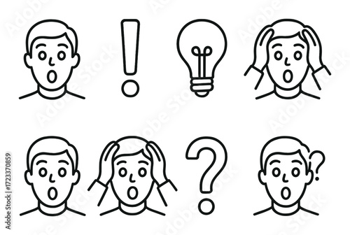 Cartoon expressions: surprise, realization, concern, curiosity with symbols