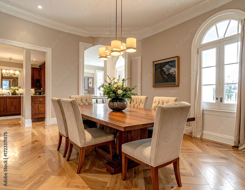 Fototapeta premium Elegant dining room featuring a large wooden table with upholstered chairs, a floral centerpiece, and arched French doors leading to a bright outdoor space.