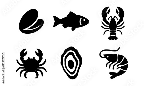 Seafood icon set featuring fish, lobster, crab, clam, oyster, and shrimp for culinary design
