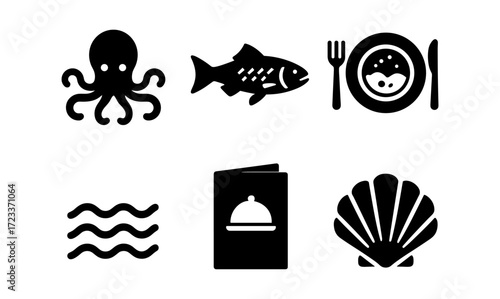 Marine life icons collection: octopus, fish, seafood, shell, waves for graphic design and decoration