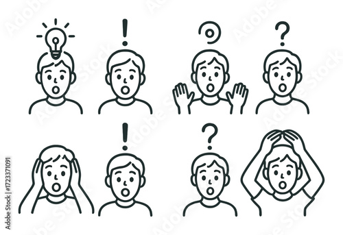 Expressive cartoon faces: male figures displaying surprise, confusion, and realization