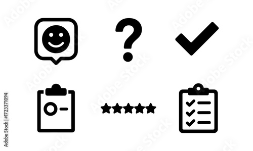 Survey and evaluation icons featuring checklist, star rating, and satisfaction symbols for feedback and assessment design