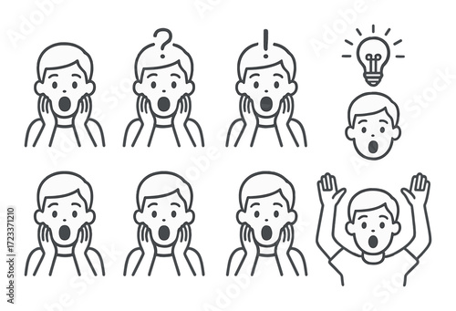 Cartoon faces with surprised expressions and light bulb idea