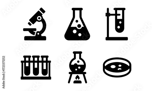 Science lab icon set featuring microscopes, test tubes, and flasks for educational and research design