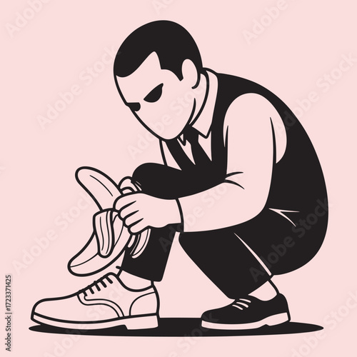 Man in black vest and tie crouching to peel a banana on pink background person male