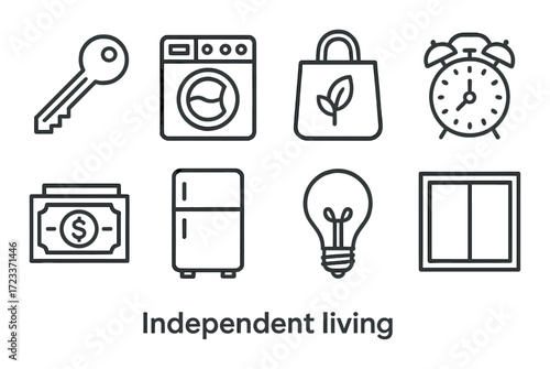 Icons of independent living: key, clock, money, appliances, light bulb, shopping bag