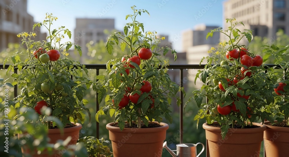 Fototapeta premium Three tomato plants in terracotta pots thrive on a balcony, bearing ripe red tomatoes against a backdrop of city buildings and a clear blue sky.