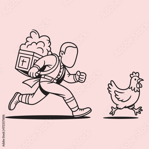 Man running with box on back chased by chicken cartoon line art carrying