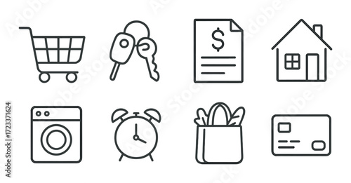 Essential household icons: shopping, keys, document, home, washer, clock, groceries, card