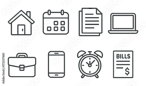 Set of eight black office and home icons on metallic background