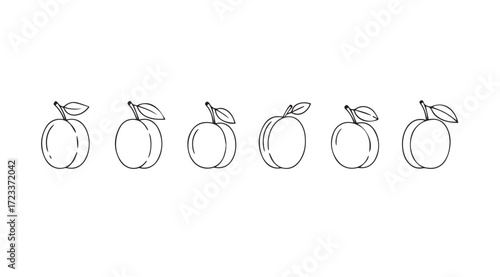 A row of six stylized plum silhouettes with leaves in a simple outline drawing silhouette