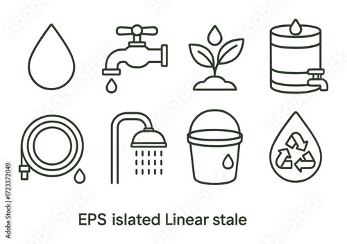 Water conservation icons: tap, plant, barrel, hose, shower, bucket, recycle