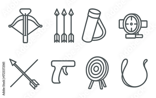 Outline icons of archery equipment including bow, arrows, target, and quiver