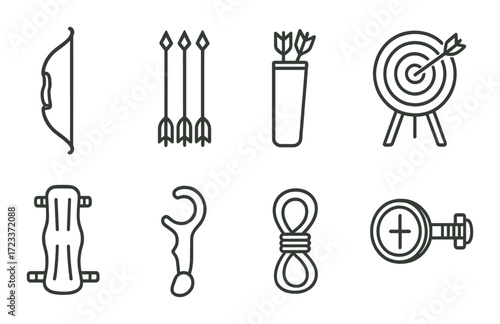 Archery equipment icons on olive green textured background
