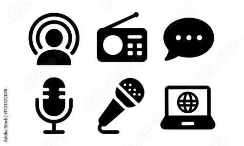 Podcast essentials set: microphone, radio, laptop, and communication icons for digital media design