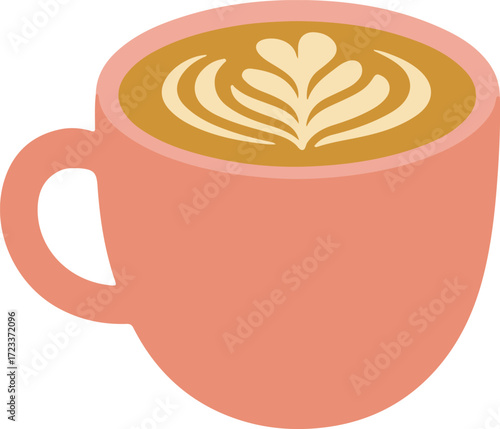 Pink coffee cup with heart latte art design isolated on transparent background, modern vector illustration for cafe, menu, stickers or print