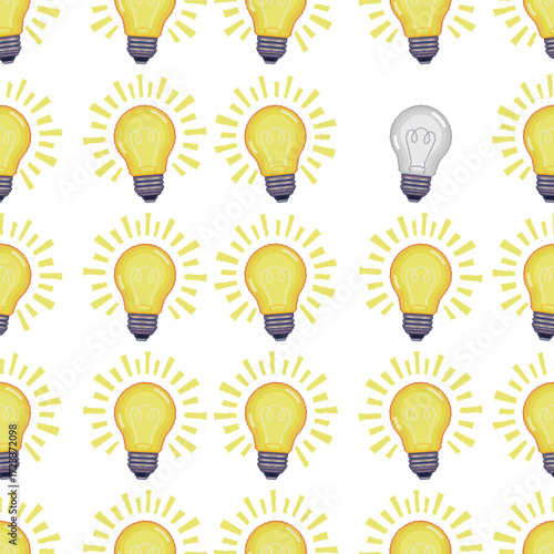 Pixel art seamless pattern. Glowing yellow light bulbs, idea concept. One gray bulb is off, symbolizing exception or lack of energy. Teamwork and innovation.