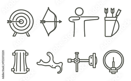Minimalist archery icon set with target, bow, archer figure, and accessories
