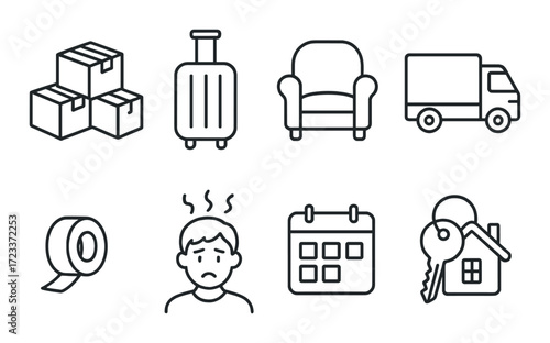 Moving icons: boxes, luggage, armchair, truck, tape, person, calendar, keys, house