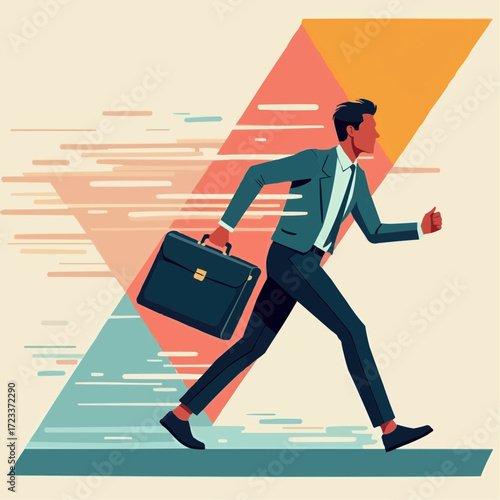 Young man running with briefcase in geometric abstract hurry scene  