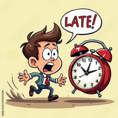 Cartoon character running away from alarm clock while panicked and late  