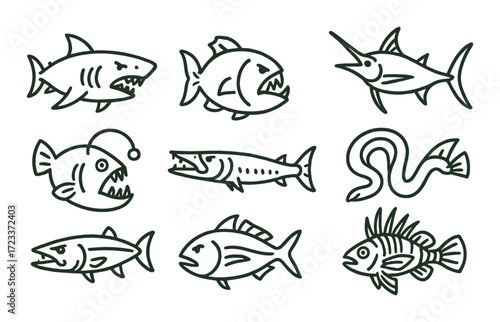 Set of stylized fish silhouettes on dark background
