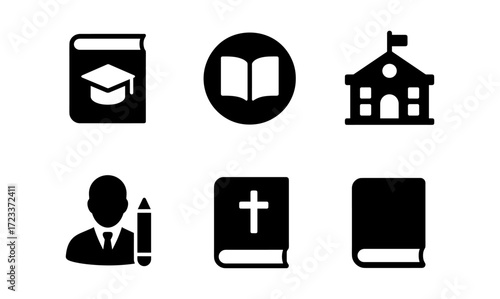 Educational vector icons for learning and school design projects including books and school building