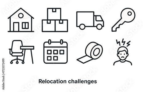 Relocation challenges: moving boxes, truck, key, office setup, schedule, tape, stress