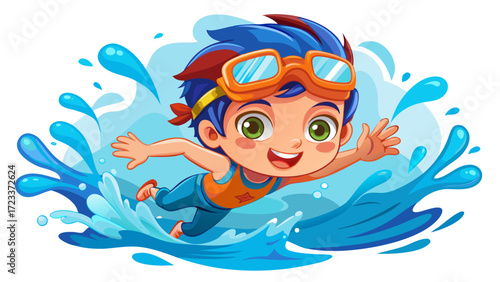 Portraits of little boy, child, training, swimming action isolated over white studio background. Collage. Splash effects, playful water motion, bright goggles, perfect for aquatic sports graphics or 