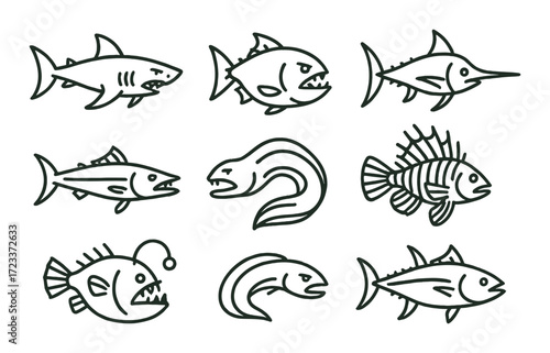 Collection of stylized aquatic predators in line art style