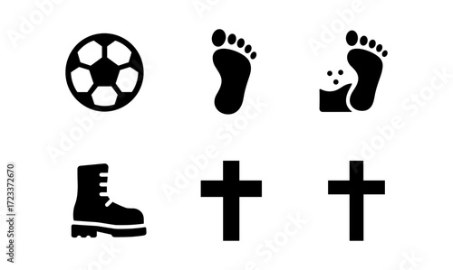 Minimalist icons of barefoot prints, soccer ball, boot, and cross for creative design