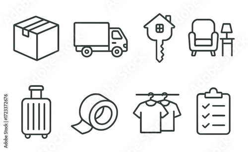 Logistics and moving icons: box, truck, key, furniture, suitcase, tape, clothes, checklist