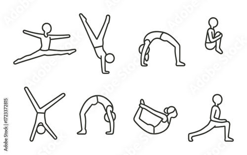 Stylized yoga poses on dark background including handstand and backbend