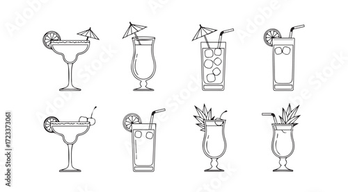 Collection of hand drawn cocktail glass silhouettes with garnishes