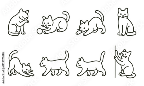 Illustrations of cats in various playful and relaxed poses