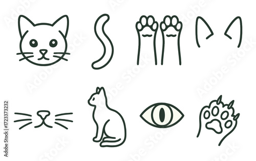 Minimalistic cat line art on olive green background with whiskers eyes and paws