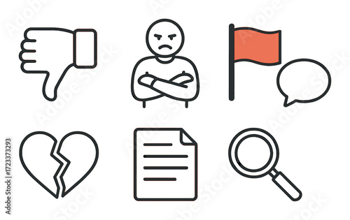 Icons of disapproval and communication: thumbs down, angry face, red flag, speech bubble, broken heart, document, magnifying glass