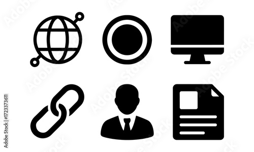 Technology icons set: global network, profile, document, monitor display, link, camera interface