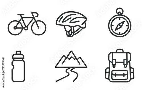Cycling and outdoor adventure icons featuring bike, helmet, compass, bottle, mountains, backpack