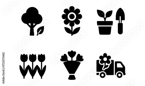 Spring floral icon set with bouquet and gardening elements for design and decoration