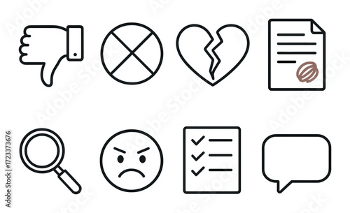 Icons of dislike, rejection, heartbreak, angry, approval checklist, and communication