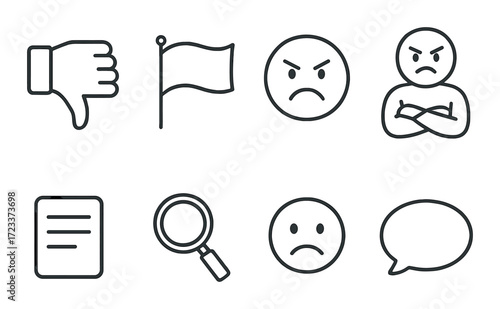 Set of eight negative icons featuring thumbs down, angry faces, and complaint symbols