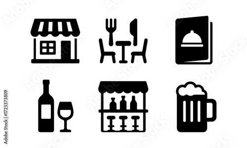Culinary icons set featuring bistro, table setting, wine, bar, menu, and beer mug for restaurant design