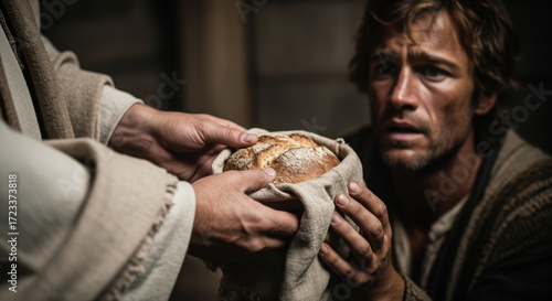 A fugitive David receives the holy showbread. A biblical scene of desperation, faith, and sacred provision.