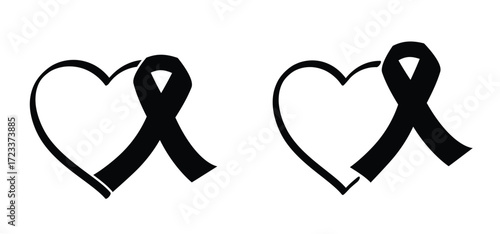 Black heart and ribbon, colors with a story. Colored awareness ribbons are symbols of hope, support, and solidarity. They raise awareness of various social, health, and humanitarian issues.